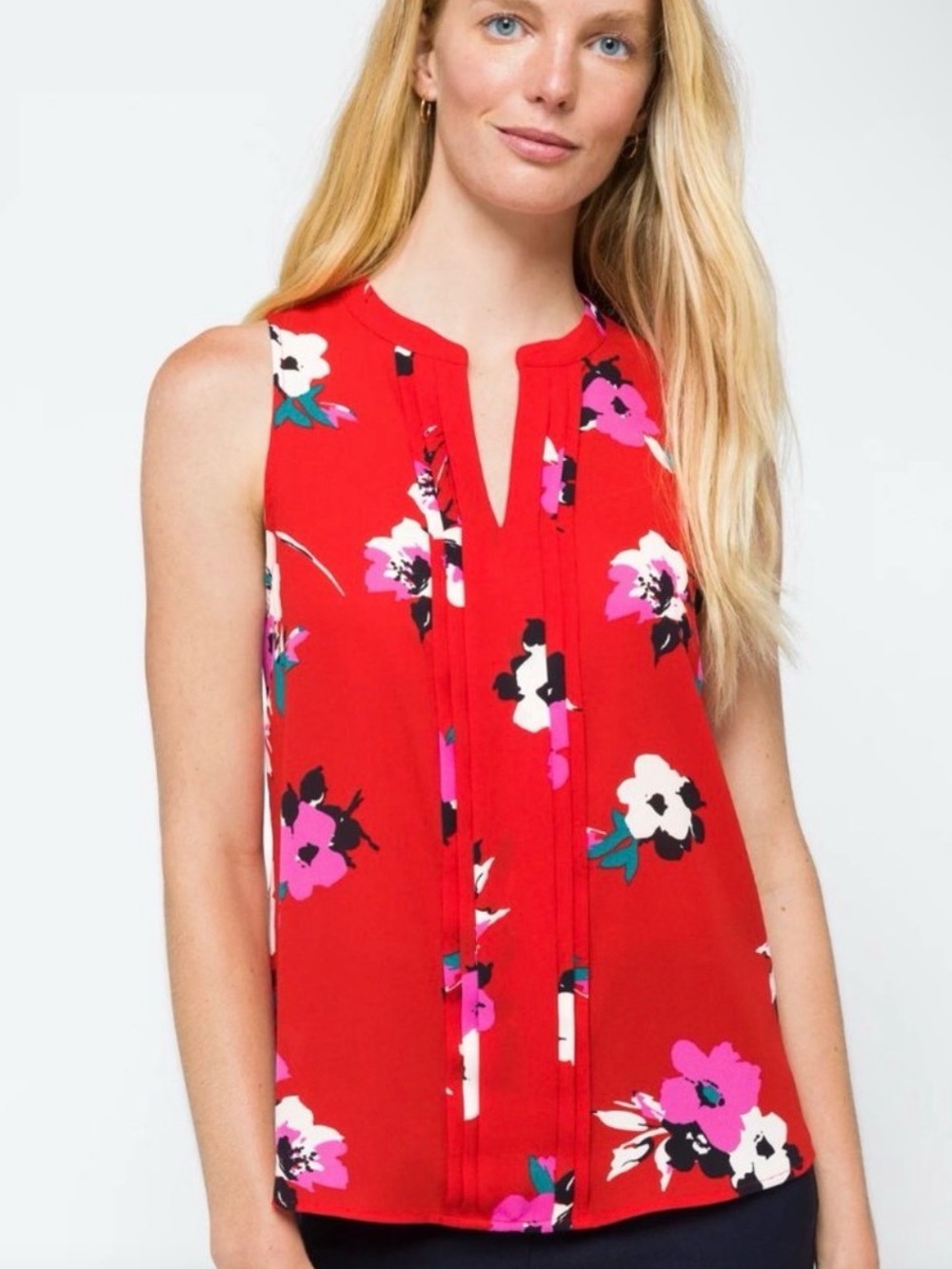 Sleeveless Red Floral Split-Neck Top
